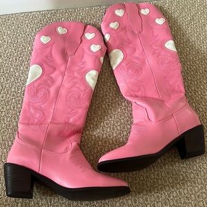 Mid calf pink and white heart cowboy boots